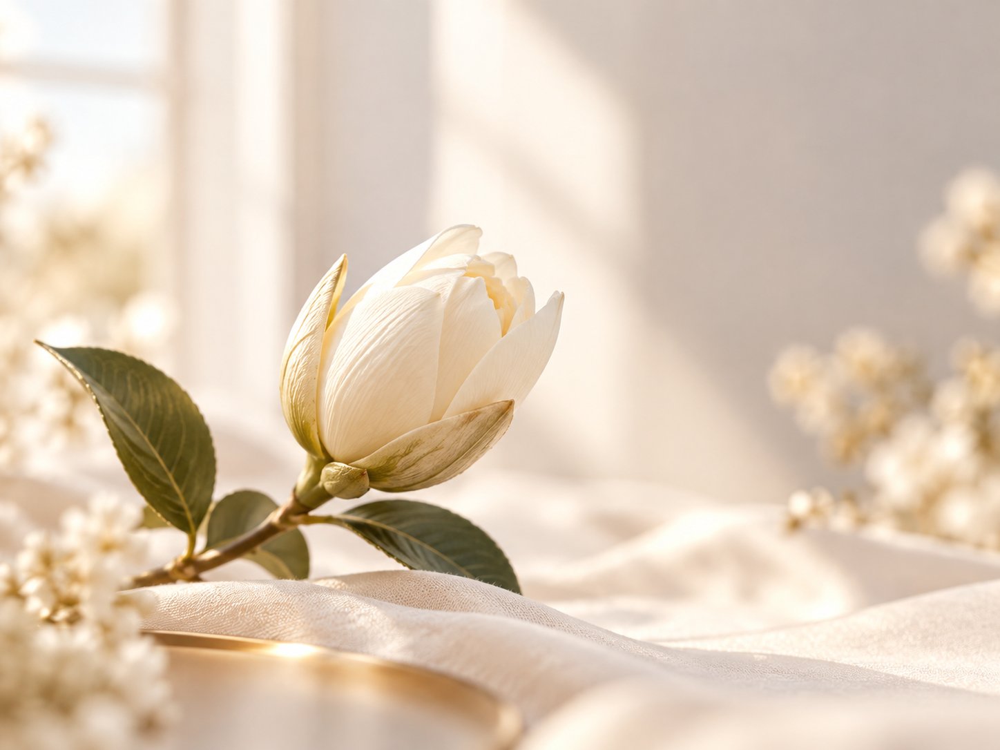 Fleur blanche commençant à éclore dans une lumière douce