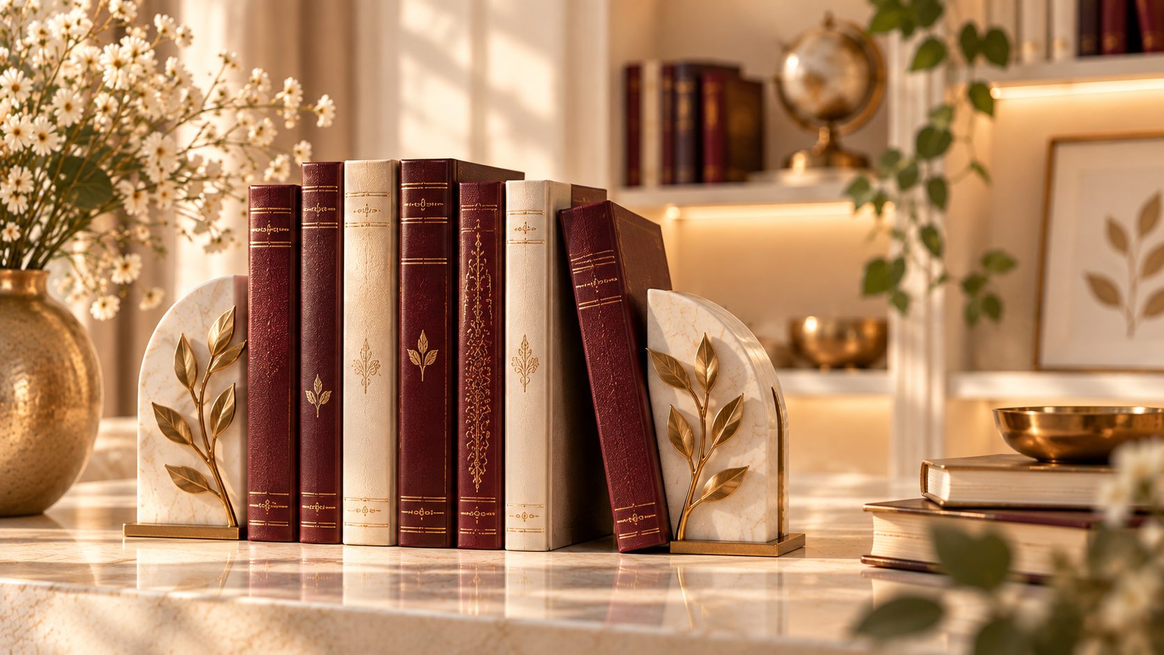 Mise en scène éditoriale de livres reliés ECLORAY entre serre-livres, feuilles dorées en décor