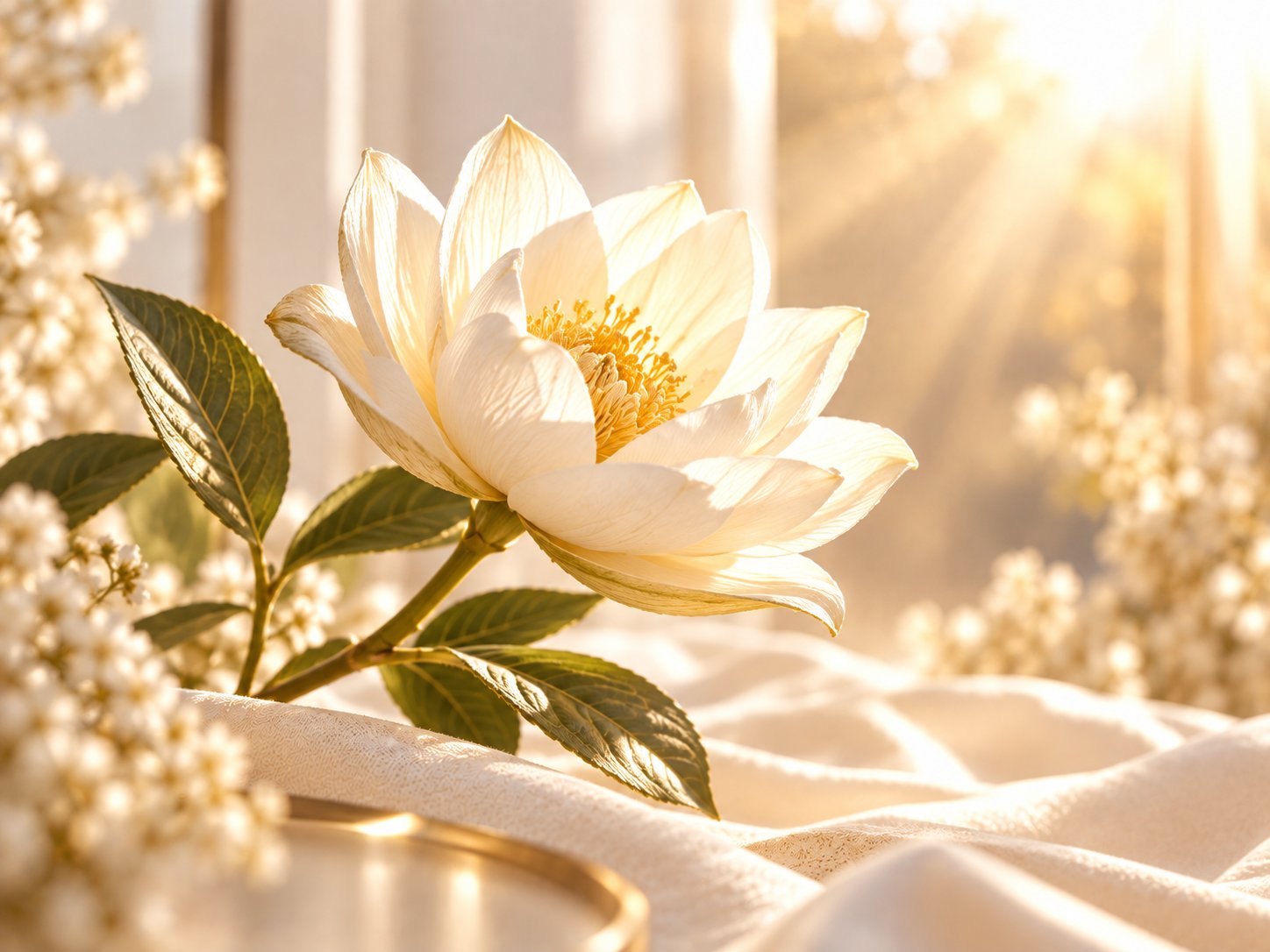 Fleur blanche pleinement épanouie dans une lumière dorée