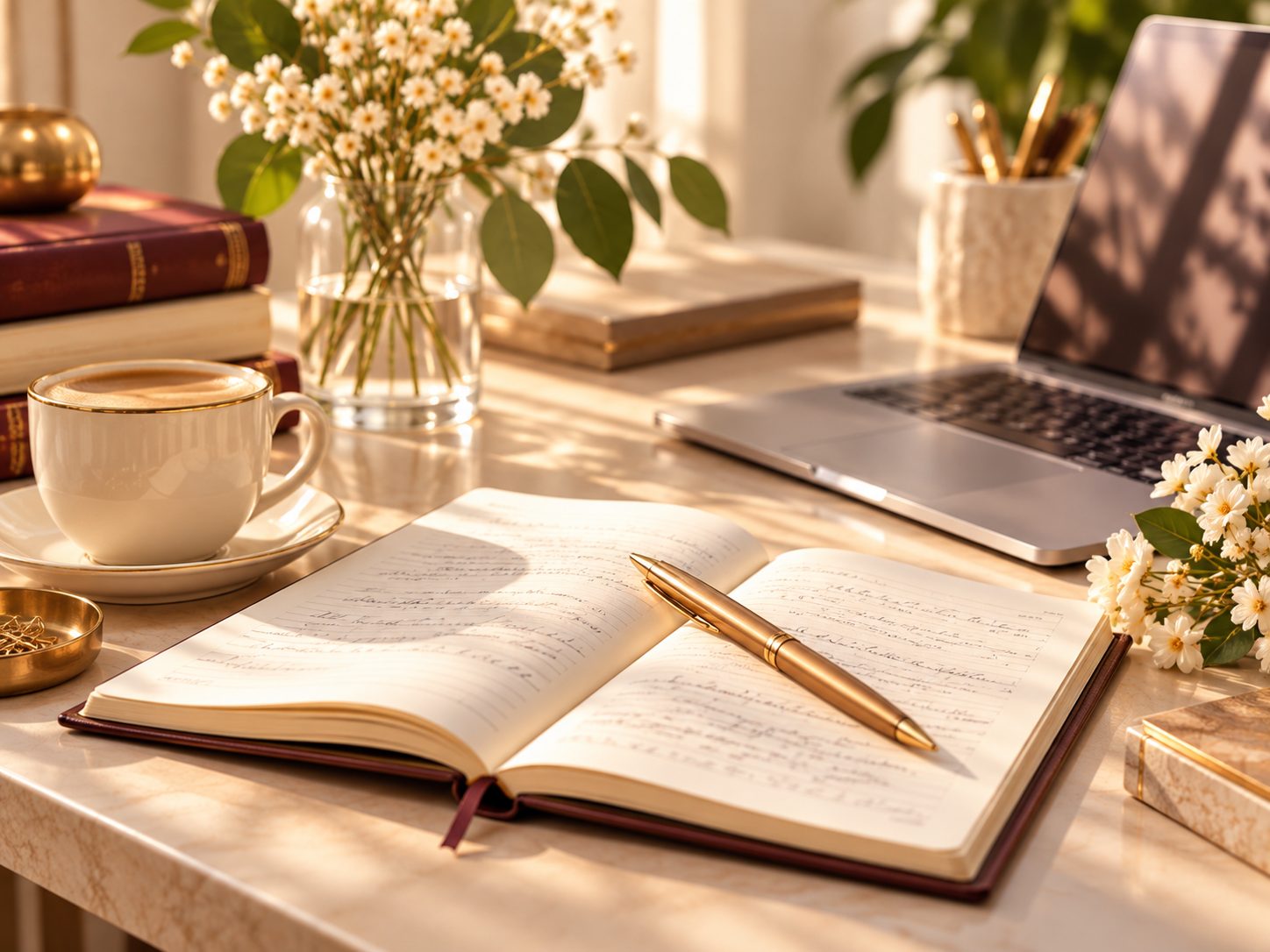 Carnet ouvert avec écriture manuscrite, stylo doré, ordinateur portable flou en arrière-plan